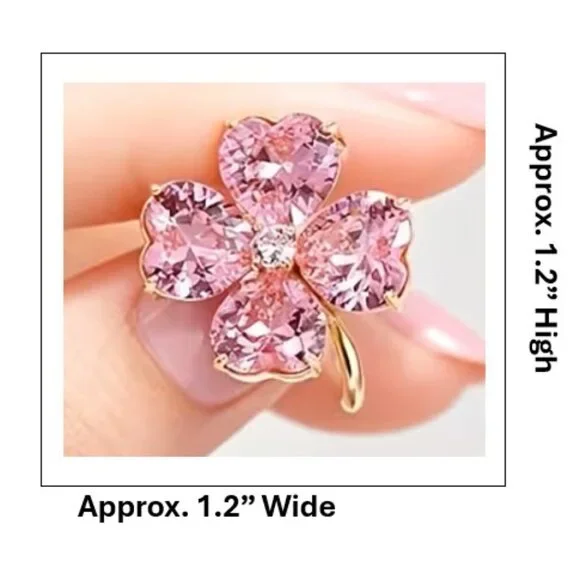Pink Rhinestone Heart-Shaped 4-Leaf Clover Pin Brooch (Gold) BRAND-NEW! - Picture 3 of 4